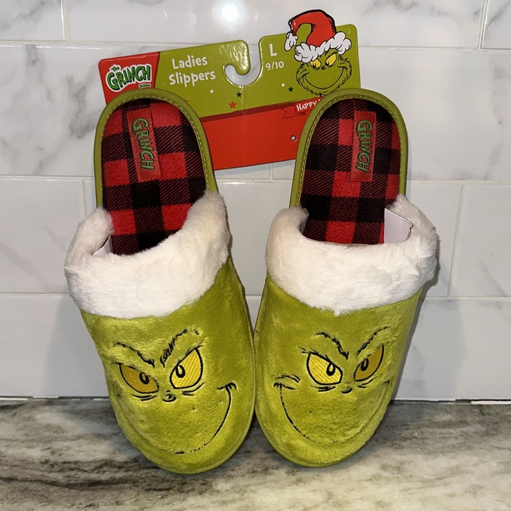 Dr. Seuss GRINCH Christmas Slippers Scuff Size L 9/10 Green NEW Santa Holiday